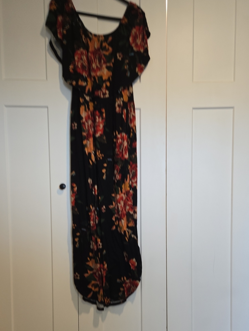 Black Floral Maxi Dress with Red & Mustard Blooms